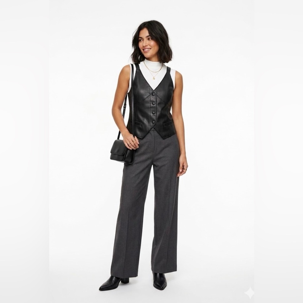 MICAS Black Faux Leather Button-Down Waistcoat Vest - Size‎ S